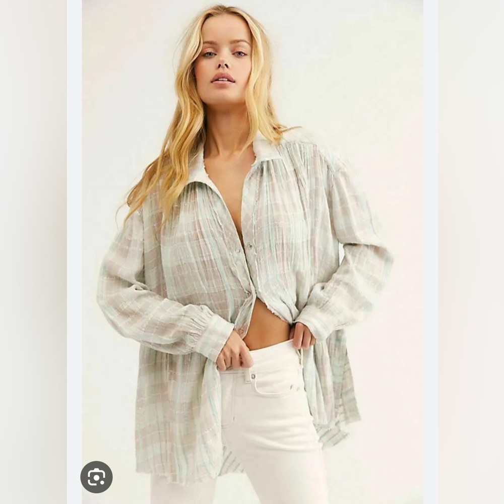Free People Lela Plaid Metallic Tunic Shirt SZ m